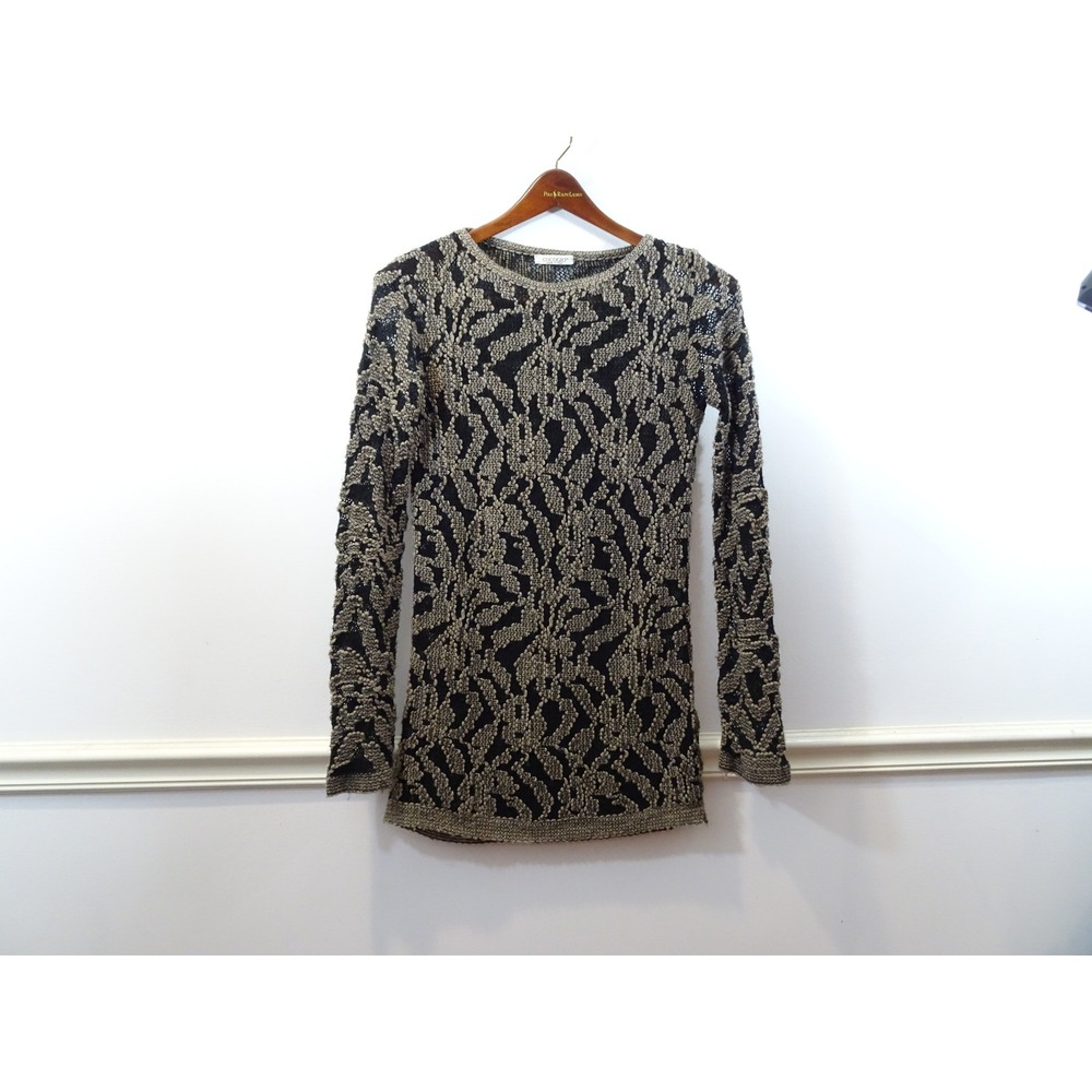 Cocogio Italy Women Black Beige Abstract Knit Wool Blend Long Sleeve Sweater